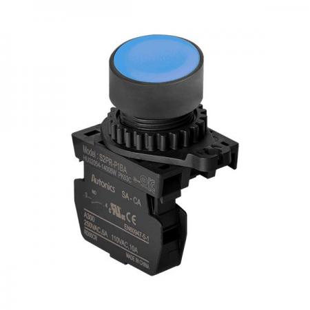 디바이스마트,스위치/부저/전기부품 > 산업용 스위치/제어 기기 > 제어/안전 스위치 > 누름버튼 스위치(25파이 이상),(주)오토닉스,Ø22/25 누름버튼 스위치 S2PR-P1BAM,취부경 Ø22/25 누름버튼스위치 / 외형:원형 / 버튼형태:[비조광형] 돌출형 / 색상:청색 / 화살표방향:일반 / 접점블록:A접점 1개 / LED블록:없음 / 구형 접점블록