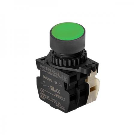 디바이스마트,스위치/부저/전기부품 > 산업용 스위치/제어 기기 > 제어/안전 스위치 > 누름버튼 스위치(25파이 이상),(주)오토닉스,Ø22/25 누름버튼 스위치 S2PR-P1G2AB,취부경 Ø22/25 누름버튼스위치 / 외형:원형 / 버튼형태:[비조광형] 돌출형 / 색상:녹색 / 화살표방향:일반 / 접점블록:A접점 2개, B접점 1개 / LED블록:없음 / 신형 접점블록