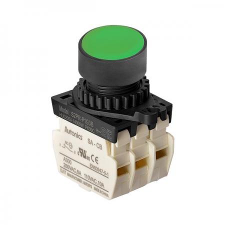 디바이스마트,스위치/부저/전기부품 > 산업용 스위치/제어 기기 > 제어/안전 스위치 > 누름버튼 스위치(25파이 이상),(주)오토닉스,Ø22/25 누름버튼 스위치 S2PR-P1G3B,취부경 Ø22/25 누름버튼스위치 / 외형:원형 / 버튼형태:[비조광형] 돌출형 / 색상:녹색 / 화살표방향:일반 / 접점블록:B접점 3개 / LED블록:없음 / 신형 접점블록