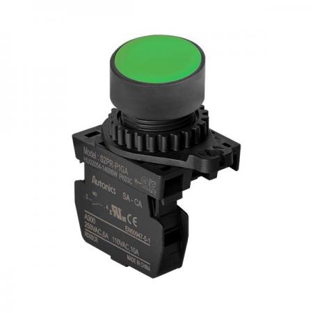 디바이스마트,스위치/부저/전기부품 > 산업용 스위치/제어 기기 > 제어/안전 스위치 > 누름버튼 스위치(25파이 이상),(주)오토닉스,Ø22/25 누름버튼 스위치 S2PR-P1GAM,취부경 Ø22/25 누름버튼스위치 / 외형:원형 / 버튼형태:[비조광형] 돌출형 / 색상:녹색 / 화살표방향:일반 / 접점블록:A접점 1개 / LED블록:없음 / 구형 접점블록