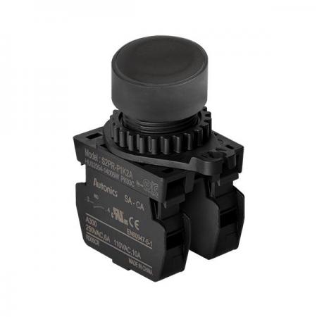 디바이스마트,스위치/부저/전기부품 > 산업용 스위치/제어 기기 > 제어/안전 스위치 > 누름버튼 스위치(25파이 이상),(주)오토닉스,Ø22/25 누름버튼 스위치 S2PR-P1K2A,취부경 Ø22/25 누름버튼스위치 / 외형:원형 / 버튼형태:[비조광형] 돌출형 / 색상:흑색 / 화살표방향:일반 / 접점블록:A접점 2개 / LED블록:없음 / 신형 접점블록