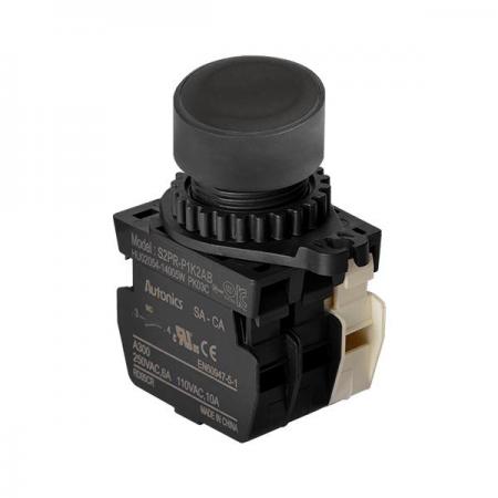 디바이스마트,스위치/부저/전기부품 > 산업용 스위치/제어 기기 > 제어/안전 스위치 > 누름버튼 스위치(25파이 이상),(주)오토닉스,Ø22/25 누름버튼 스위치 S2PR-P1K2ABM,취부경 Ø22/25 누름버튼스위치 / 외형:원형 / 버튼형태:[비조광형] 돌출형 / 색상:흑색 / 화살표방향:일반 / 접점블록:A접점 2개, B접점 1개 / LED블록:없음 / 구형 접점블록