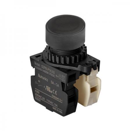 디바이스마트,스위치/부저/전기부품 > 산업용 스위치/제어 기기 > 제어/안전 스위치 > 누름버튼 스위치(25파이 이상),(주)오토닉스,Ø22/25 누름버튼 스위치 S2PR-P1KABM,취부경 Ø22/25 누름버튼스위치 / 외형:원형 / 버튼형태:[비조광형] 돌출형 / 색상:흑색 / 화살표방향:일반 / 접점블록:A접점 1개, B접점 1개 / LED블록:없음 / 구형 접점블록