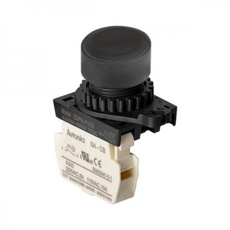 디바이스마트,스위치/부저/전기부품 > 산업용 스위치/제어 기기 > 제어/안전 스위치 > 누름버튼 스위치(25파이 이상),(주)오토닉스,Ø22/25 누름버튼 스위치 S2PR-P1KBM,취부경 Ø22/25 누름버튼스위치 / 외형:원형 / 버튼형태:[비조광형] 돌출형 / 색상:흑색 / 화살표방향:일반 / 접점블록:B접점 1개 / LED블록:없음 / 구형 접점블록