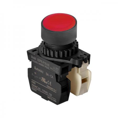 디바이스마트,스위치/부저/전기부품 > 산업용 스위치/제어 기기 > 제어/안전 스위치 > 누름버튼 스위치(25파이 이상),(주)오토닉스,Ø22/25 누름버튼 스위치 S2PR-P1RABM,취부경 Ø22/25 누름버튼스위치 / 외형:원형 / 버튼형태:[비조광형] 돌출형 / 색상:적색 / 화살표방향:일반 / 접점블록:A접점 1개, B접점 1개 / LED블록:없음 / 구형 접점블록