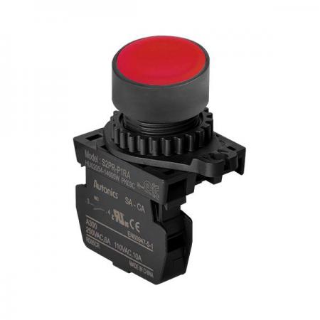 디바이스마트,스위치/부저/전기부품 > 산업용 스위치/제어 기기 > 제어/안전 스위치 > 누름버튼 스위치(25파이 이상),(주)오토닉스,Ø22/25 누름버튼 스위치 S2PR-P1RAM,취부경 Ø22/25 누름버튼스위치 / 외형:원형 / 버튼형태:[비조광형] 돌출형 / 색상:적색 / 화살표방향:일반 / 접점블록:A접점 1개 / LED블록:없음 / 구형 접점블록