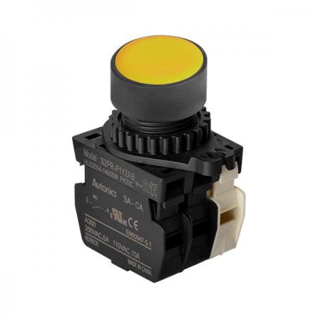 디바이스마트,스위치/부저/전기부품 > 산업용 스위치/제어 기기 > 제어/안전 스위치 > 누름버튼 스위치(25파이 이상),(주)오토닉스,Ø22/25 누름버튼 스위치 S2PR-P1Y2ABM,취부경 Ø22/25 누름버튼스위치 / 외형:원형 / 버튼형태:[비조광형] 돌출형 / 색상:황색 / 화살표방향:일반 / 접점블록:A접점 2개, B접점 1개 / LED블록:없음 / 구형 접점블록