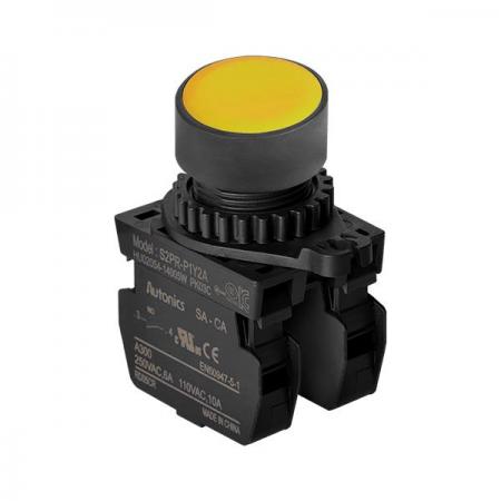 디바이스마트,스위치/부저/전기부품 > 산업용 스위치/제어 기기 > 제어/안전 스위치 > 누름버튼 스위치(25파이 이상),(주)오토닉스,Ø22/25 누름버튼 스위치 S2PR-P1Y2AM,취부경 Ø22/25 누름버튼스위치 / 외형:원형 / 버튼형태:[비조광형] 돌출형 / 색상:황색 / 화살표방향:일반 / 접점블록:A접점 2개 / LED블록:없음 / 구형 접점블록