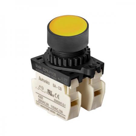 디바이스마트,스위치/부저/전기부품 > 산업용 스위치/제어 기기 > 제어/안전 스위치 > 누름버튼 스위치(25파이 이상),(주)오토닉스,Ø22/25 누름버튼 스위치 S2PR-P1Y2BM,취부경 Ø22/25 누름버튼스위치 / 외형:원형 / 버튼형태:[비조광형] 돌출형 / 색상:황색 / 화살표방향:일반 / 접점블록:B접점 2개 / LED블록:없음 / 구형 접점블록