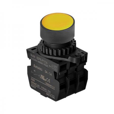 디바이스마트,스위치/부저/전기부품 > 산업용 스위치/제어 기기 > 제어/안전 스위치 > 누름버튼 스위치(25파이 이상),(주)오토닉스,Ø22/25 누름버튼 스위치 S2PR-P1Y3A,취부경 Ø22/25 누름버튼스위치 / 외형:원형 / 버튼형태:[비조광형] 돌출형 / 색상:황색 / 화살표방향:일반 / 접점블록:A접점 3개 / LED블록:없음 / 신형 접점블록
