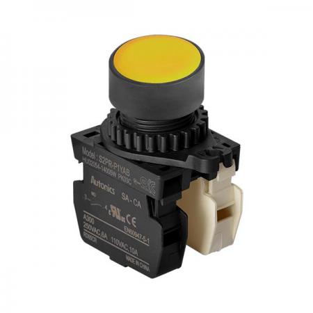 디바이스마트,스위치/부저/전기부품 > 산업용 스위치/제어 기기 > 제어/안전 스위치 > 누름버튼 스위치(25파이 이상),(주)오토닉스,Ø22/25 누름버튼 스위치 S2PR-P1YAB,취부경 Ø22/25 누름버튼스위치 / 외형:원형 / 버튼형태:[비조광형] 돌출형 / 색상:황색 / 화살표방향:일반 / 접점블록:A접점 1개, B접점 1개 / LED블록:없음 / 신형 접점블록