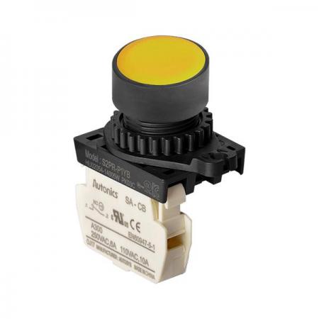 디바이스마트,스위치/부저/전기부품 > 산업용 스위치/제어 기기 > 제어/안전 스위치 > 누름버튼 스위치(25파이 이상),(주)오토닉스,Ø22/25 누름버튼 스위치 S2PR-P1YB,취부경 Ø22/25 누름버튼스위치 / 외형:원형 / 버튼형태:[비조광형] 돌출형 / 색상:황색 / 화살표방향:일반 / 접점블록:B접점 1개 / LED블록:없음 / 신형 접점블록