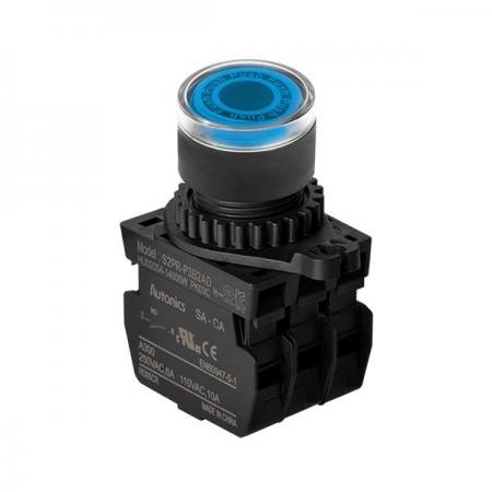 디바이스마트,스위치/부저/전기부품 > 산업용 스위치/제어 기기 > 제어/안전 스위치 > 누름버튼 스위치(25파이 이상),(주)오토닉스,Ø22/25 누름버튼 스위치 S2PR-P3B2ADM,취부경 Ø22/25 누름버튼스위치 / 외형:원형 / 버튼형태:[조광형] 돌출형 / 색상:청색 / 화살표방향:일반 / 접점블록:A접점 2개 / LED블록:AC/DC 전압형 / 구형 접점블록