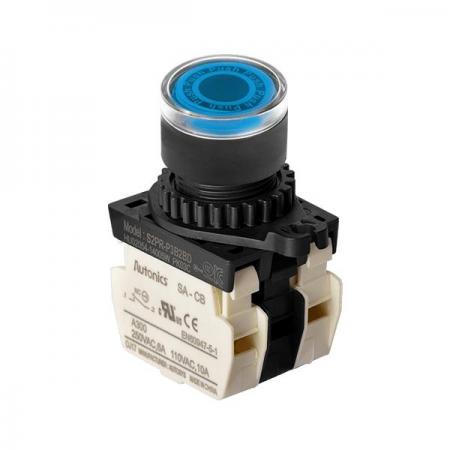 디바이스마트,스위치/부저/전기부품 > 산업용 스위치/제어 기기 > 제어/안전 스위치 > 누름버튼 스위치(25파이 이상),(주)오토닉스,Ø22/25 누름버튼 스위치 S2PR-P3B2BD,취부경 Ø22/25 누름버튼스위치 / 외형:원형 / 버튼형태:[조광형] 돌출형 / 색상:청색 / 화살표방향:일반 / 접점블록:B접점 2개 / LED블록:AC/DC 전압형 / 신형 접점블록