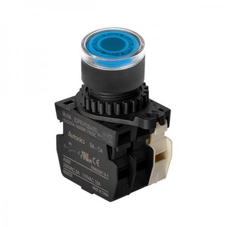 디바이스마트,스위치/부저/전기부품 > 산업용 스위치/제어 기기 > 제어/안전 스위치 > 누름버튼 스위치(25파이 이상),(주)오토닉스,Ø22/25 누름버튼 스위치 S2PR-P3BABL,취부경 Ø22/25 누름버튼스위치 / 외형:원형 / 버튼형태:[조광형] 돌출형 / 색상:청색 / 화살표방향:일반 / 접점블록:A접점 1개, B접점 1개 / LED블록:AC 전압형 / 신형 접점블록