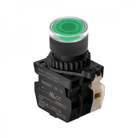 디바이스마트,스위치/부저/전기부품 > 산업용 스위치/제어 기기 > 제어/안전 스위치 > 누름버튼 스위치(25파이 이상),(주)오토닉스,Ø22/25 누름버튼 스위치 S2PR-P3GABD,취부경 Ø22/25 누름버튼스위치 / 외형:원형 / 버튼형태:[조광형] 돌출형 / 색상:녹색 / 화살표방향:일반 / 접점블록:A접점 1개, B접점 1개 / LED블록:AC/DC 전압형 / 신형 접점블록