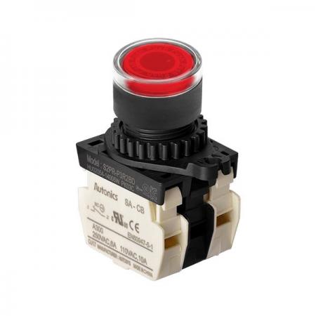 디바이스마트,스위치/부저/전기부품 > 산업용 스위치/제어 기기 > 제어/안전 스위치 > 누름버튼 스위치(25파이 이상),(주)오토닉스,Ø22/25 누름버튼 스위치 S2PR-P3R2BLM,취부경 Ø22/25 누름버튼스위치 / 외형:원형 / 버튼형태:[조광형] 돌출형 / 색상:적색 / 화살표방향:일반 / 접점블록:B접점 2개 / LED블록:AC 전압형 / 구형 접점블록