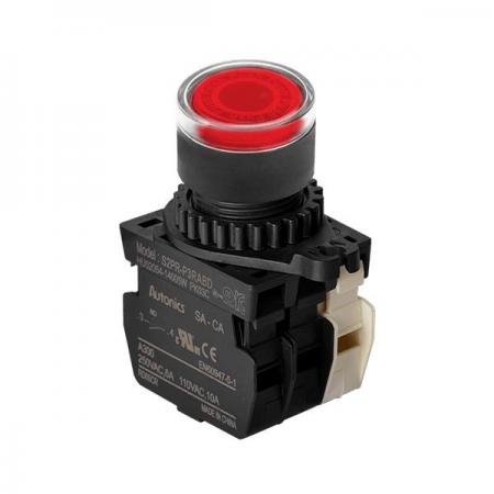 디바이스마트,스위치/부저/전기부품 > 산업용 스위치/제어 기기 > 제어/안전 스위치 > 누름버튼 스위치(25파이 이상),(주)오토닉스,Ø22/25 누름버튼 스위치 S2PR-P3RABDM,취부경 Ø22/25 누름버튼스위치 / 외형:원형 / 버튼형태:[조광형] 돌출형 / 색상:적색 / 화살표방향:일반 / 접점블록:A접점 1개, B접점 1개 / LED블록:AC/DC 전압형 / 구형 접점블록
