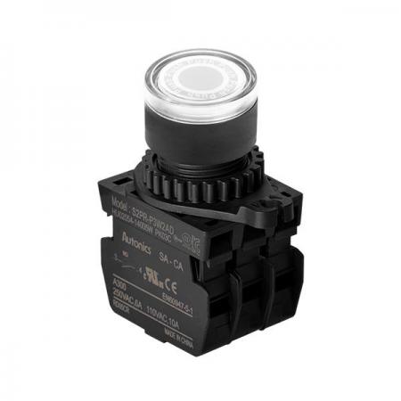 디바이스마트,스위치/부저/전기부품 > 산업용 스위치/제어 기기 > 제어/안전 스위치 > 누름버튼 스위치(25파이 이상),(주)오토닉스,Ø22/25 누름버튼 스위치 S2PR-P3W2ALM,취부경 Ø22/25 누름버튼스위치 / 외형:원형 / 버튼형태:[조광형] 돌출형 / 색상:백색 / 화살표방향:일반 / 접점블록:A접점 2개 / LED블록:AC 전압형 / 구형 접점블록