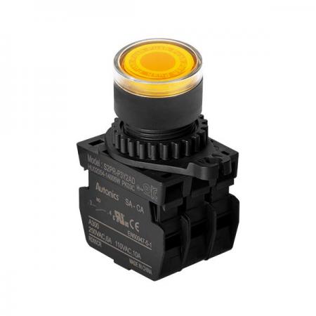 디바이스마트,스위치/부저/전기부품 > 산업용 스위치/제어 기기 > 제어/안전 스위치 > 누름버튼 스위치(25파이 이상),(주)오토닉스,Ø22/25 누름버튼 스위치 S2PR-P3Y2AL,취부경 Ø22/25 누름버튼스위치 / 외형:원형 / 버튼형태:[조광형] 돌출형 / 색상:황색 / 화살표방향:일반 / 접점블록:A접점 2개 / LED블록:AC 전압형 / 신형 접점블록