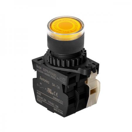 디바이스마트,스위치/부저/전기부품 > 산업용 스위치/제어 기기 > 제어/안전 스위치 > 누름버튼 스위치(25파이 이상),(주)오토닉스,Ø22/25 누름버튼 스위치 S2PR-P3YABLM,취부경 Ø22/25 누름버튼스위치 / 외형:원형 / 버튼형태:[조광형] 돌출형 / 색상:황색 / 화살표방향:일반 / 접점블록:A접점 1개, B접점 1개 / LED블록:AC 전압형 / 구형 접점블록