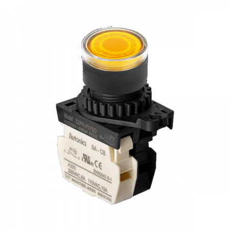 디바이스마트,스위치/부저/전기부품 > 산업용 스위치/제어 기기 > 제어/안전 스위치 > 누름버튼 스위치(25파이 이상),(주)오토닉스,Ø22/25 누름버튼 스위치 S2PR-P3YBL,취부경 Ø22/25 누름버튼스위치 / 외형:원형 / 버튼형태:[조광형] 돌출형 / 색상:황색 / 화살표방향:일반 / 접점블록:B접점 1개 / LED블록:AC 전압형 / 신형 접점블록