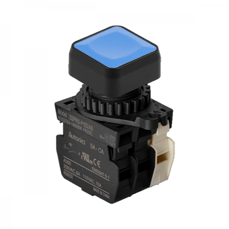 디바이스마트,스위치/부저/전기부품 > 산업용 스위치/제어 기기 > 제어/안전 스위치 > 누름버튼 스위치(25파이 이상),(주)오토닉스,Ø22/25 누름버튼 스위치 S2PRS-P1B2ABM,취부경 Ø22/25 누름버튼스위치 / 외형:정사각형 / 버튼형태:[비조광형] 돌출형 / 색상:청색 / 화살표방향:일반 / 접점블록:A접점 2개, B접점 1개 / LED블록:없음 / 구형 접점블록