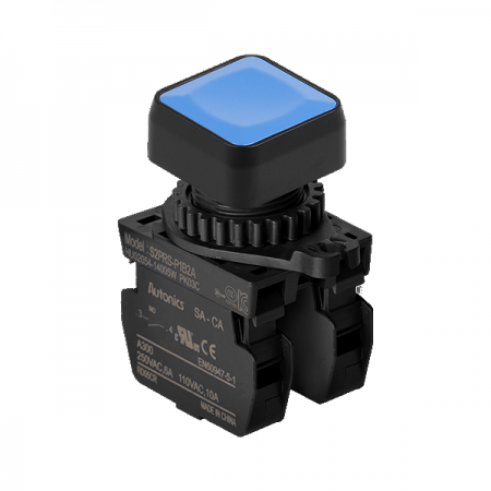 디바이스마트,스위치/부저/전기부품 > 산업용 스위치/제어 기기 > 제어/안전 스위치 > 누름버튼 스위치(25파이 이상),(주)오토닉스,Ø22/25 누름버튼 스위치 S2PRS-P1B2AM,취부경 Ø22/25 누름버튼스위치 / 외형:정사각형 / 버튼형태:[비조광형] 돌출형 / 색상:청색 / 화살표방향:일반 / 접점블록:A접점 2개 / LED블록:없음 / 구형 접점블록