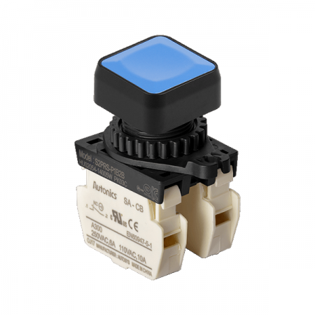 디바이스마트,스위치/부저/전기부품 > 산업용 스위치/제어 기기 > 제어/안전 스위치 > 누름버튼 스위치(25파이 이상),(주)오토닉스,Ø22/25 누름버튼 스위치 S2PRS-P1B2B,취부경 Ø22/25 누름버튼스위치 / 외형:정사각형 / 버튼형태:[비조광형] 돌출형 / 색상:청색 / 화살표방향:일반 / 접점블록:B접점 2개 / LED블록:없음 / 신형 접점블록