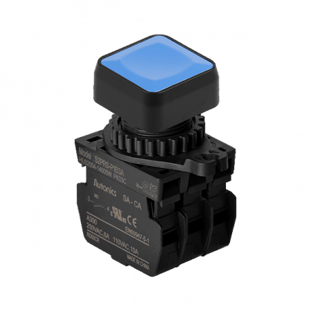 디바이스마트,스위치/부저/전기부품 > 산업용 스위치/제어 기기 > 제어/안전 스위치 > 누름버튼 스위치(25파이 이상),(주)오토닉스,Ø22/25 누름버튼 스위치 S2PRS-P1B3AM,취부경 Ø22/25 누름버튼스위치 / 외형:정사각형 / 버튼형태:[비조광형] 돌출형 / 색상:청색 / 화살표방향:일반 / 접점블록:A접점 3개 / LED블록:없음 / 구형 접점블록