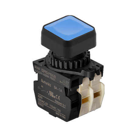 디바이스마트,스위치/부저/전기부품 > 산업용 스위치/제어 기기 > 제어/안전 스위치 > 누름버튼 스위치(25파이 이상),(주)오토닉스,Ø22/25 누름버튼 스위치 S2PRS-P1BA,취부경 Ø22/25 누름버튼스위치 / 외형:정사각형 / 버튼형태:[비조광형] 돌출형 / 색상:청색 / 화살표방향:일반 / 접점블록:A접점 1개 / LED블록:없음 / 신형 접점블록