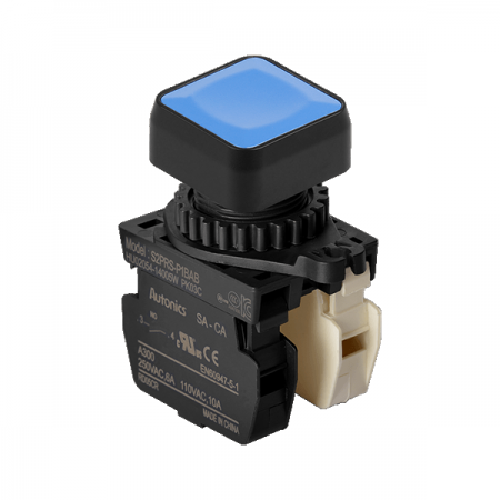 디바이스마트,스위치/부저/전기부품 > 산업용 스위치/제어 기기 > 제어/안전 스위치 > 누름버튼 스위치(25파이 이상),(주)오토닉스,Ø22/25 누름버튼 스위치 S2PRS-P1BABM,취부경 Ø22/25 누름버튼스위치 / 외형:정사각형 / 버튼형태:[비조광형] 돌출형 / 색상:청색 / 화살표방향:일반 / 접점블록:A접점 1개, B접점 1개 / LED블록:없음 / 구형 접점블록