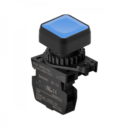 디바이스마트,스위치/부저/전기부품 > 산업용 스위치/제어 기기 > 제어/안전 스위치 > 누름버튼 스위치(25파이 이상),(주)오토닉스,Ø22/25 누름버튼 스위치 S2PRS-P1BAM,취부경 Ø22/25 누름버튼스위치 / 외형:정사각형 / 버튼형태:[비조광형] 돌출형 / 색상:청색 / 화살표방향:일반 / 접점블록:A접점 1개 / LED블록:없음 / 구형 접점블록
