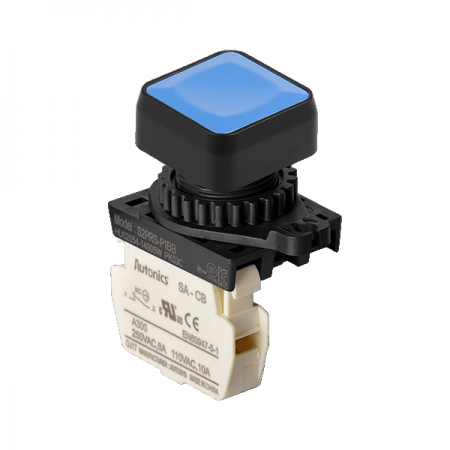 디바이스마트,스위치/부저/전기부품 > 산업용 스위치/제어 기기 > 제어/안전 스위치 > 누름버튼 스위치(25파이 이상),(주)오토닉스,Ø22/25 누름버튼 스위치 S2PRS-P1BBM,취부경 Ø22/25 누름버튼스위치 / 외형:정사각형 / 버튼형태:[비조광형] 돌출형 / 색상:청색 / 화살표방향:일반 / 접점블록:B접점 1개 / LED블록:없음 / 구형 접점블록