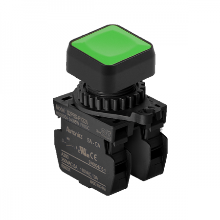 디바이스마트,스위치/부저/전기부품 > 산업용 스위치/제어 기기 > 제어/안전 스위치 > 누름버튼 스위치(25파이 이상),(주)오토닉스,Ø22/25 누름버튼 스위치 S2PRS-P1G2AM,취부경 Ø22/25 누름버튼스위치 / 외형:정사각형 / 버튼형태:[비조광형] 돌출형 / 색상:녹색 / 화살표방향:일반 / 접점블록:A접점 2개 / LED블록:없음 / 구형 접점블록