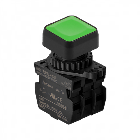 디바이스마트,스위치/부저/전기부품 > 산업용 스위치/제어 기기 > 제어/안전 스위치 > 누름버튼 스위치(25파이 이상),(주)오토닉스,Ø22/25 누름버튼 스위치 S2PRS-P1G3A,취부경 Ø22/25 누름버튼스위치 / 외형:정사각형 / 버튼형태:[비조광형] 돌출형 / 색상:녹색 / 화살표방향:일반 / 접점블록:A접점 3개 / LED블록:없음 / 신형 접점블록