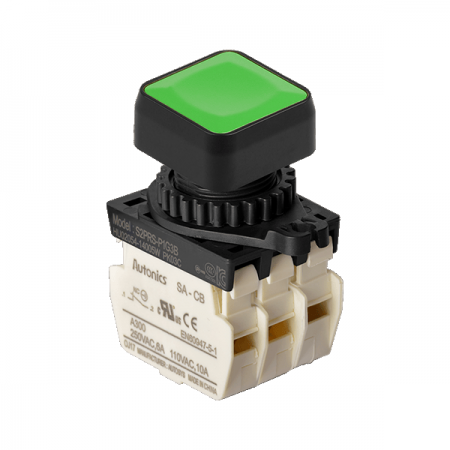 디바이스마트,스위치/부저/전기부품 > 산업용 스위치/제어 기기 > 제어/안전 스위치 > 누름버튼 스위치(25파이 이상),(주)오토닉스,Ø22/25 누름버튼 스위치 S2PRS-P1G3BM,취부경 Ø22/25 누름버튼스위치 / 외형:정사각형 / 버튼형태:[비조광형] 돌출형 / 색상:녹색 / 화살표방향:일반 / 접점블록:B접점 3개 / LED블록:없음 / 구형 접점블록