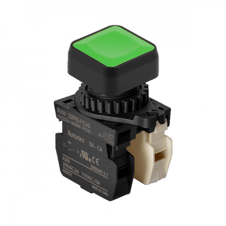 디바이스마트,스위치/부저/전기부품 > 산업용 스위치/제어 기기 > 제어/안전 스위치 > 누름버튼 스위치(25파이 이상),(주)오토닉스,Ø22/25 누름버튼 스위치 S2PRS-P1GABM,취부경 Ø22/25 누름버튼스위치 / 외형:정사각형 / 버튼형태:[비조광형] 돌출형 / 색상:녹색 / 화살표방향:일반 / 접점블록:A접점 1개, B접점 1개 / LED블록:없음 / 구형 접점블록