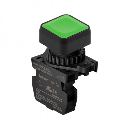 디바이스마트,스위치/부저/전기부품 > 산업용 스위치/제어 기기 > 제어/안전 스위치 > 누름버튼 스위치(25파이 이상),(주)오토닉스,Ø22/25 누름버튼 스위치 S2PRS-P1GAM,취부경 Ø22/25 누름버튼스위치 / 외형:정사각형 / 버튼형태:[비조광형] 돌출형 / 색상:녹색 / 화살표방향:일반 / 접점블록:A접점 1개 / LED블록:없음 / 구형 접점블록