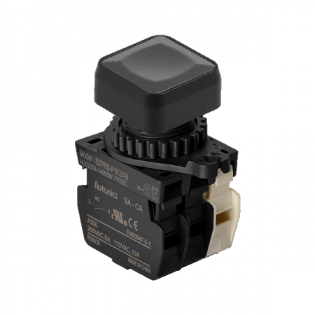 디바이스마트,스위치/부저/전기부품 > 산업용 스위치/제어 기기 > 제어/안전 스위치 > 누름버튼 스위치(25파이 이상),(주)오토닉스,Ø22/25 누름버튼 스위치 S2PRS-P1K2AB,취부경 Ø22/25 누름버튼스위치 / 외형:정사각형 / 버튼형태:[비조광형] 돌출형 / 색상:흑색 / 화살표방향:일반 / 접점블록:A접점 2개, B접점 1개 / LED블록:없음 / 신형 접점블록