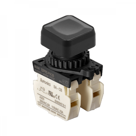 디바이스마트,스위치/부저/전기부품 > 산업용 스위치/제어 기기 > 제어/안전 스위치 > 누름버튼 스위치(25파이 이상),(주)오토닉스,Ø22/25 누름버튼 스위치 S2PRS-P1K2BM,취부경 Ø22/25 누름버튼스위치 / 외형:정사각형 / 버튼형태:[비조광형] 돌출형 / 색상:흑색 / 화살표방향:일반 / 접점블록:B접점 2개 / LED블록:없음 / 구형 접점블록