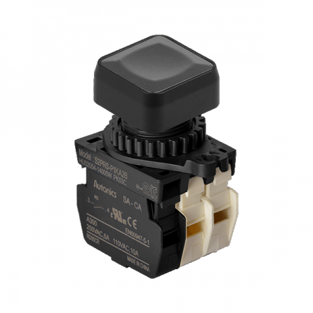 디바이스마트,스위치/부저/전기부품 > 산업용 스위치/제어 기기 > 제어/안전 스위치 > 누름버튼 스위치(25파이 이상),(주)오토닉스,Ø22/25 누름버튼 스위치 S2PRS-P1KA2B,취부경 Ø22/25 누름버튼스위치 / 외형:정사각형 / 버튼형태:[비조광형] 돌출형 / 색상:흑색 / 화살표방향:일반 / 접점블록:A접점 1개, B접점 2개 / LED블록:없음 / 신형 접점블록