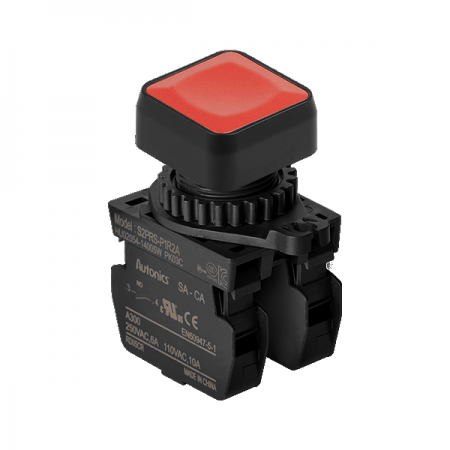 디바이스마트,스위치/부저/전기부품 > 산업용 스위치/제어 기기 > 제어/안전 스위치 > 누름버튼 스위치(25파이 이상),(주)오토닉스,Ø22/25 누름버튼 스위치 S2PRS-P1R2AM,취부경 Ø22/25 누름버튼스위치 / 외형:정사각형 / 버튼형태:[비조광형] 돌출형 / 색상:적색 / 화살표방향:일반 / 접점블록:A접점 2개 / LED블록:없음 / 구형 접점블록