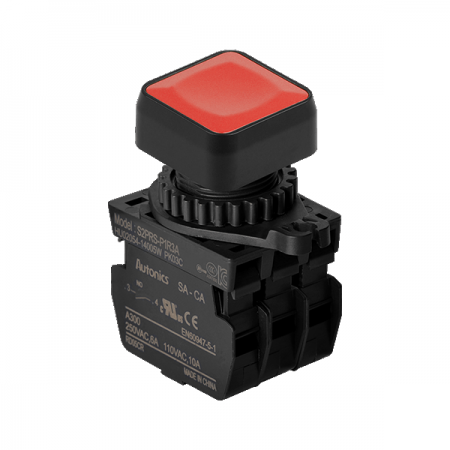 디바이스마트,스위치/부저/전기부품 > 산업용 스위치/제어 기기 > 제어/안전 스위치 > 누름버튼 스위치(25파이 이상),(주)오토닉스,Ø22/25 누름버튼 스위치 S2PRS-P1R3A,취부경 Ø22/25 누름버튼스위치 / 외형:정사각형 / 버튼형태:[비조광형] 돌출형 / 색상:적색 / 화살표방향:일반 / 접점블록:A접점 3개 / LED블록:없음 / 신형 접점블록