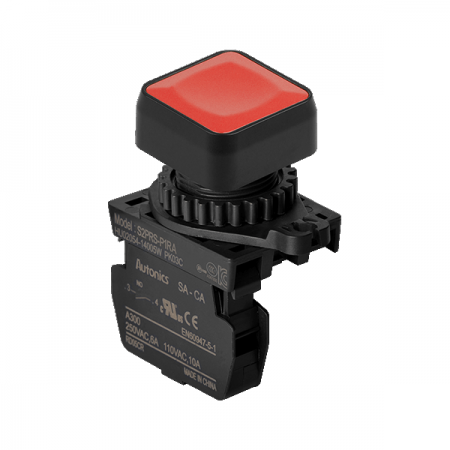 디바이스마트,스위치/부저/전기부품 > 산업용 스위치/제어 기기 > 제어/안전 스위치 > 누름버튼 스위치(25파이 이상),(주)오토닉스,Ø22/25 누름버튼 스위치 S2PRS-P1RA,취부경 Ø22/25 누름버튼스위치 / 외형:정사각형 / 버튼형태:[비조광형] 돌출형 / 색상:적색 / 화살표방향:일반 / 접점블록:A접점 1개 / LED블록:없음 / 신형 접점블록