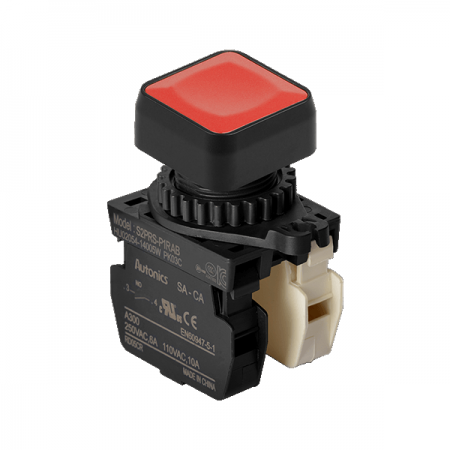 디바이스마트,스위치/부저/전기부품 > 산업용 스위치/제어 기기 > 제어/안전 스위치 > 누름버튼 스위치(25파이 이상),(주)오토닉스,Ø22/25 누름버튼 스위치 S2PRS-P1RABM,취부경 Ø22/25 누름버튼스위치 / 외형:정사각형 / 버튼형태:[비조광형] 돌출형 / 색상:적색 / 화살표방향:일반 / 접점블록:A접점 1개, B접점 1개 / LED블록:없음 / 구형 접점블록