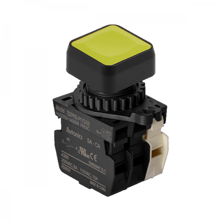 디바이스마트,스위치/부저/전기부품 > 산업용 스위치/제어 기기 > 제어/안전 스위치 > 누름버튼 스위치(25파이 이상),(주)오토닉스,Ø22/25 누름버튼 스위치 S2PRS-P1Y2ABM,취부경 Ø22/25 누름버튼스위치 / 외형:정사각형 / 버튼형태:[비조광형] 돌출형 / 색상:황색 / 화살표방향:일반 / 접점블록:A접점 2개, B접점 1개 / LED블록:없음 / 구형 접점블록