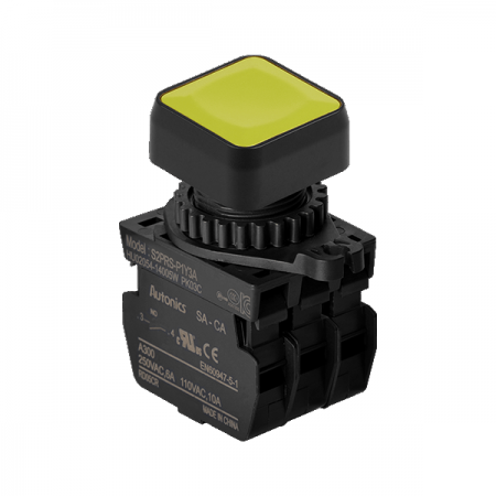 디바이스마트,스위치/부저/전기부품 > 산업용 스위치/제어 기기 > 제어/안전 스위치 > 누름버튼 스위치(25파이 이상),(주)오토닉스,Ø22/25 누름버튼 스위치 S2PRS-P1Y3AM,취부경 Ø22/25 누름버튼스위치 / 외형:정사각형 / 버튼형태:[비조광형] 돌출형 / 색상:황색 / 화살표방향:일반 / 접점블록:A접점 3개 / LED블록:없음 / 구형 접점블록