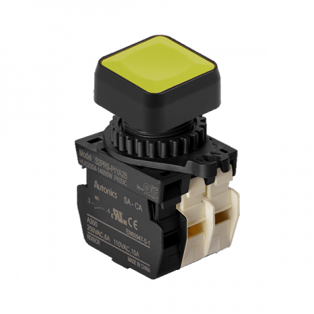 디바이스마트,스위치/부저/전기부품 > 산업용 스위치/제어 기기 > 제어/안전 스위치 > 누름버튼 스위치(25파이 이상),(주)오토닉스,Ø22/25 누름버튼 스위치 S2PRS-P1YA2BM,취부경 Ø22/25 누름버튼스위치 / 외형:정사각형 / 버튼형태:[비조광형] 돌출형 / 색상:황색 / 화살표방향:일반 / 접점블록:A접점 1개, B접점 2개 / LED블록:없음 / 구형 접점블록