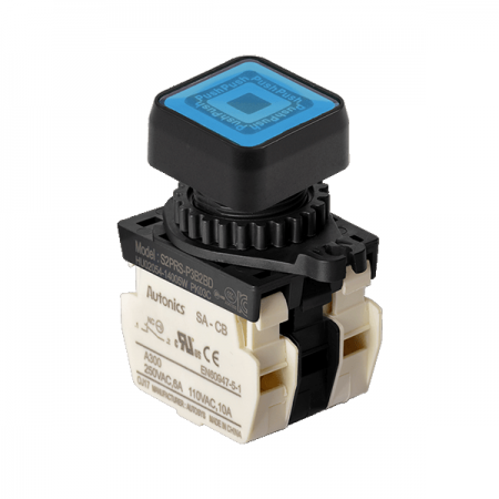 디바이스마트,스위치/부저/전기부품 > 산업용 스위치/제어 기기 > 제어/안전 스위치 > 누름버튼 스위치(25파이 이상),(주)오토닉스,Ø22/25 누름버튼 스위치 S2PRS-P3B2BL,취부경 Ø22/25 누름버튼스위치 / 외형:정사각형 / 버튼형태:[조광형] 돌출형 / 색상:청색 / 화살표방향:일반 / 접점블록:B접점 2개 / LED블록:AC 전압형 / 신형 접점블록